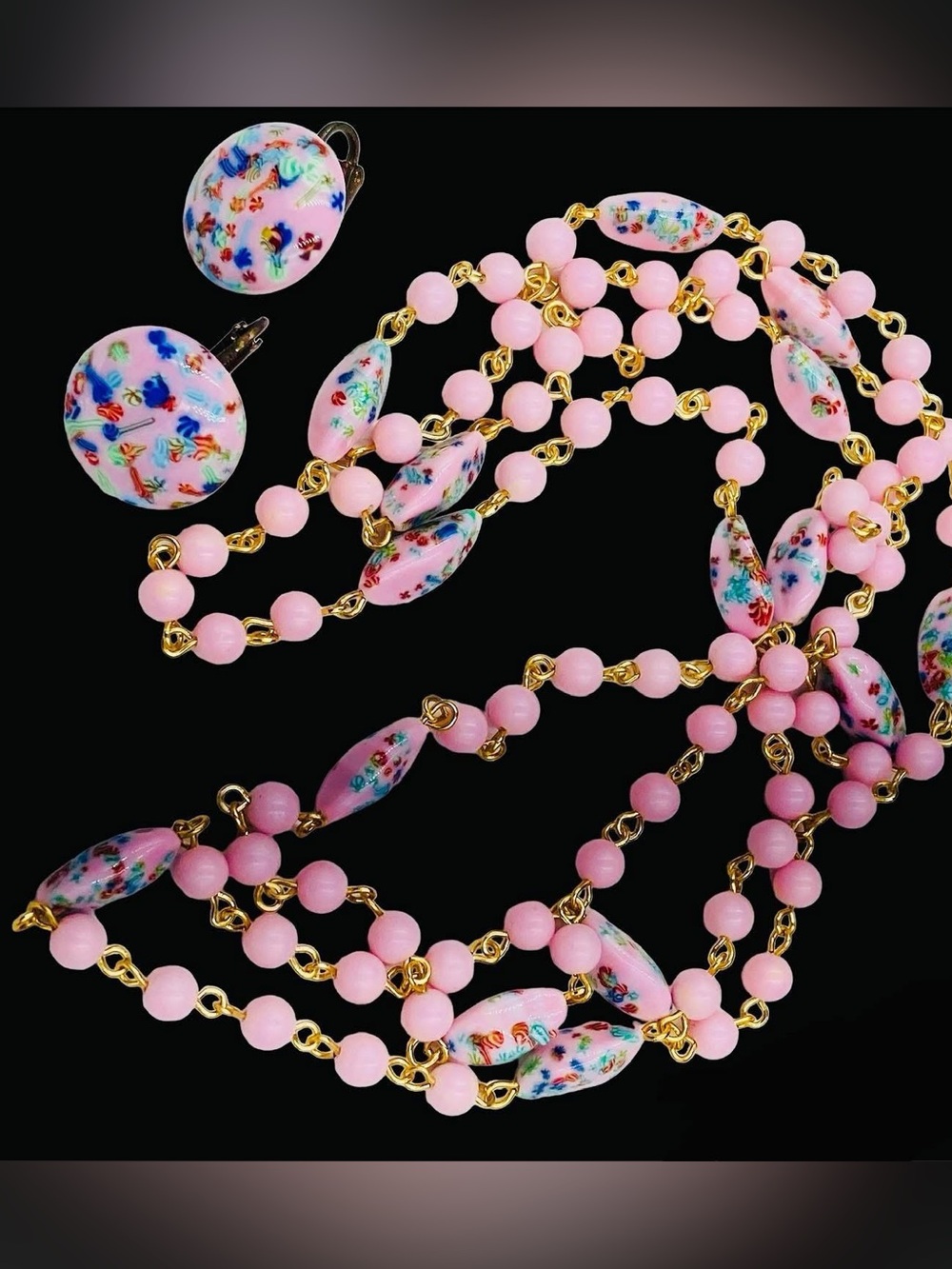 Vintage Pink Japanese Confetti Glass Necklace and Clip Earring Set